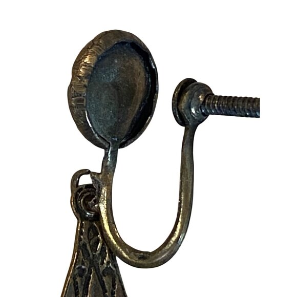 Vintage Red & Bronze Screw-Back Earrings With Intricate Floral Design & Large Ov - Picture 4 of 6